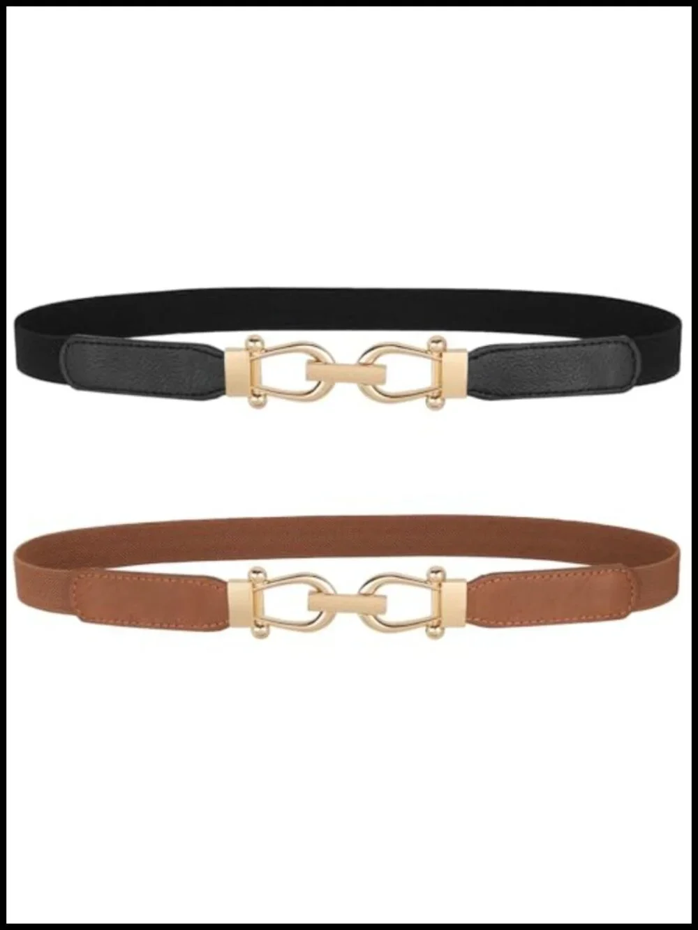 Women's Skinny Elastic Belt with Gold Buckle, Thin Stretch Waist Belt